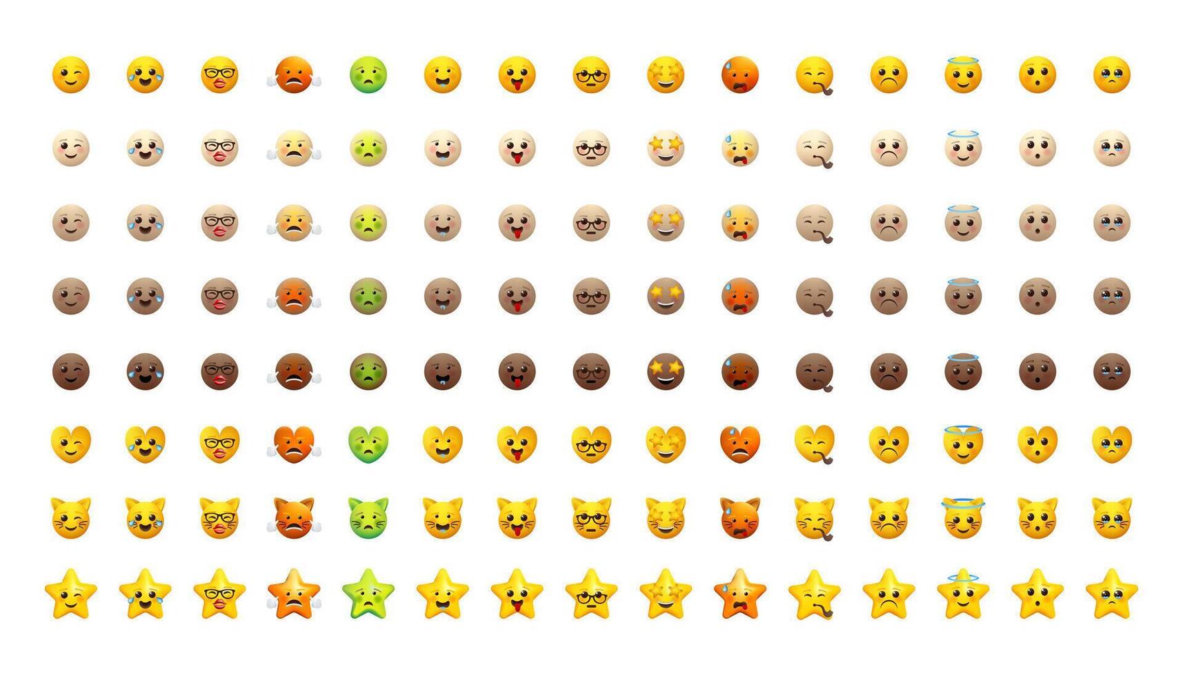 Emoji set. Emoticons pack for web and messengers. Facial signs for apps. Yellow and different skin colors icons. vector
