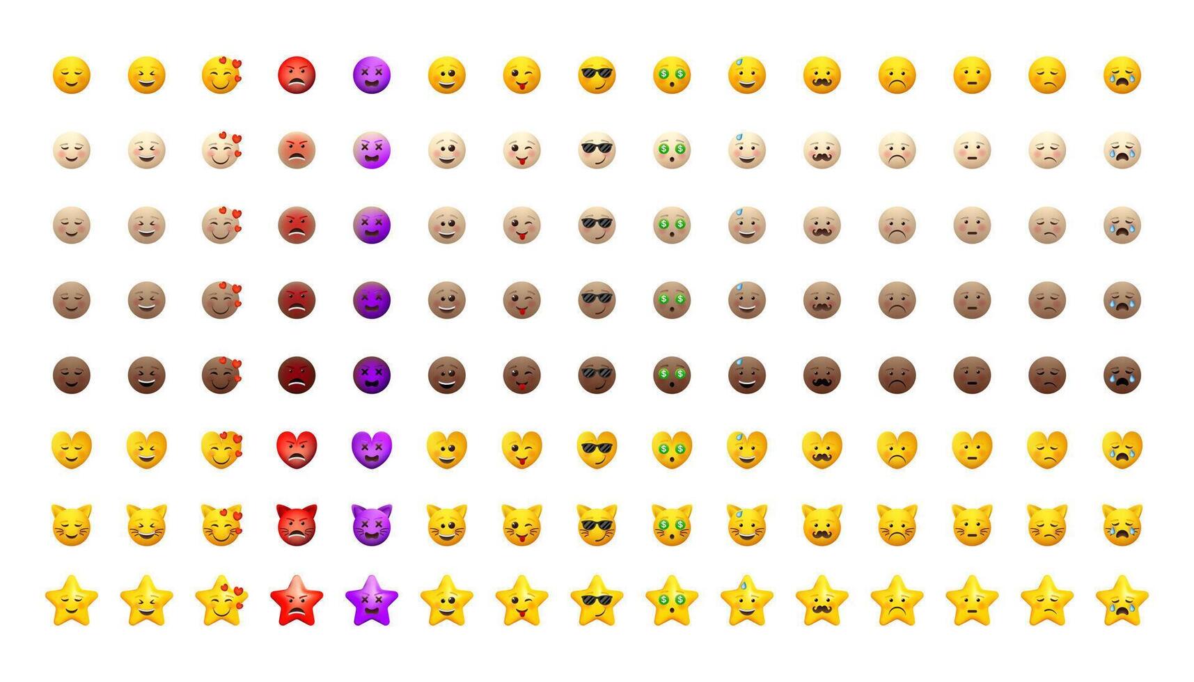 Emoji set. Emoticons pack for web and mobile applications. Facial signs for messengers and apps. Yellow and different skin colors icons. vector