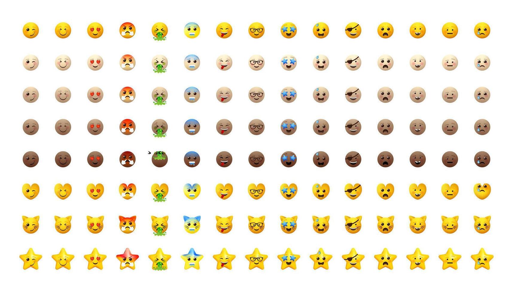 Emoji set. Emoticons pack for web and messengers. Facial signs for apps. Yellow and different skin colors icons. vector