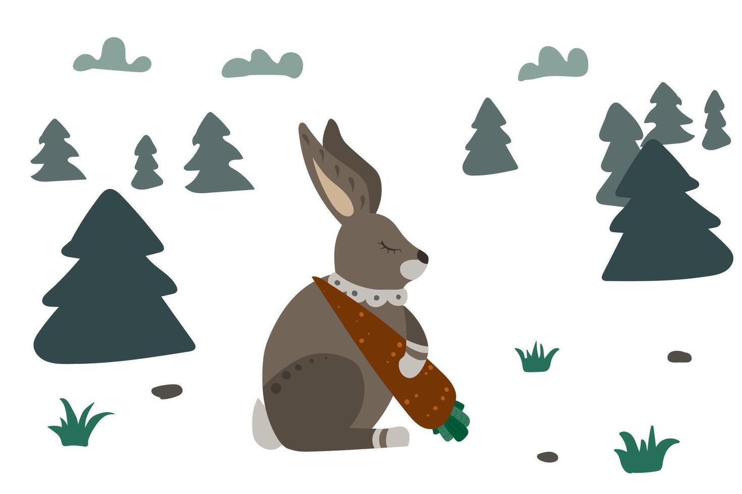 Gray hare with carrot. Forest with grass and tree, sky with clouds. vector