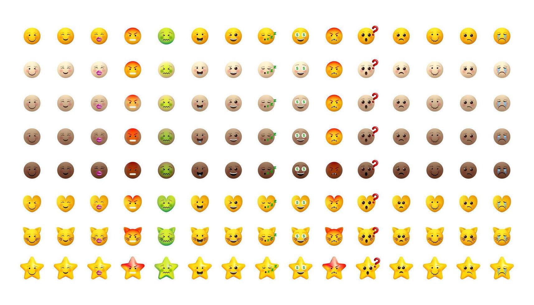 Emoji set. Emoticons pack for web and mobile applications. Facial signs for messengers and chats. Yellow and different skin colors icons. vector