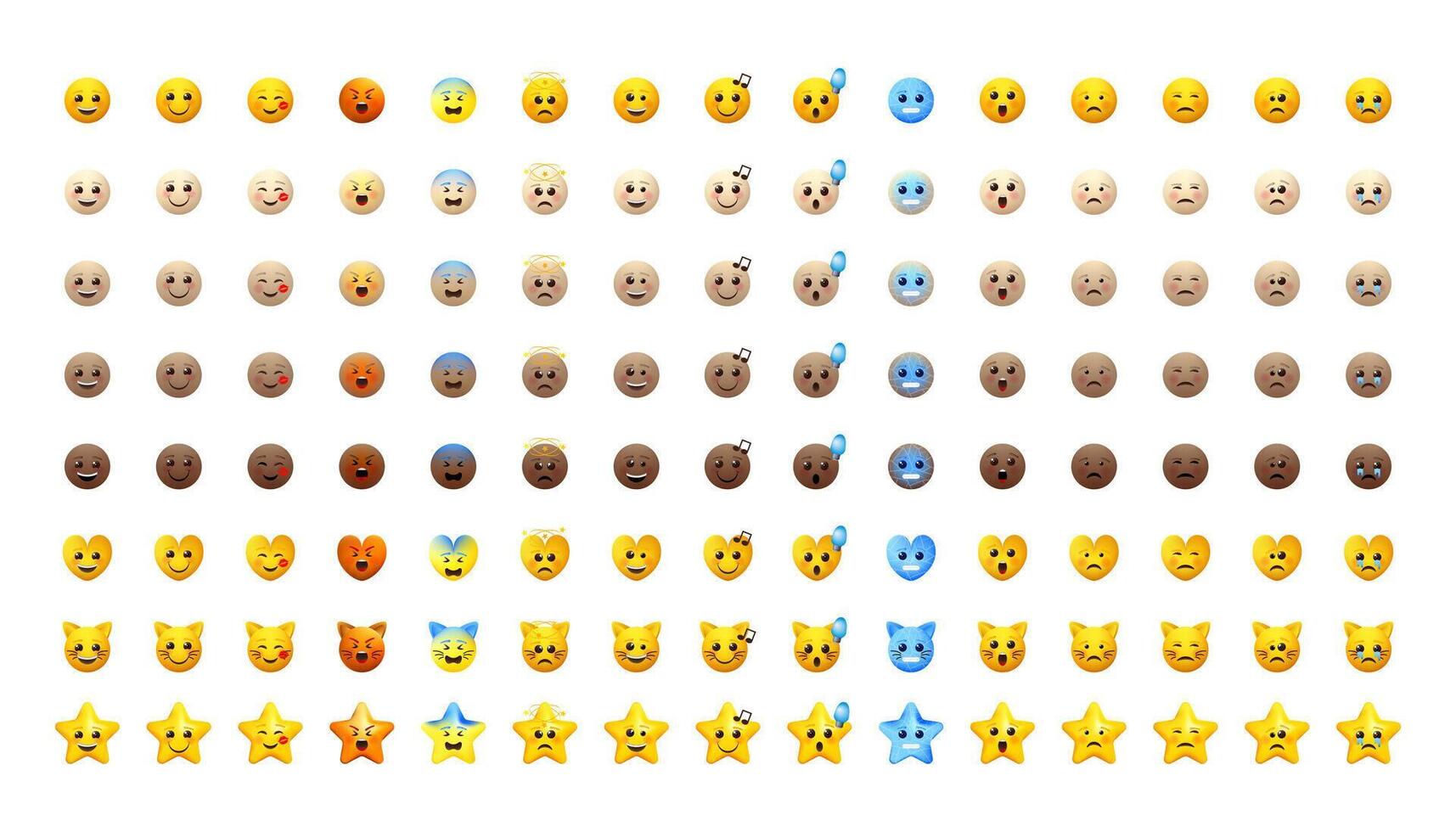 Emoji set. Emoticons pack for web and messengers. Facial signs for messengers and apps. Yellow and different skin tones icons. vector