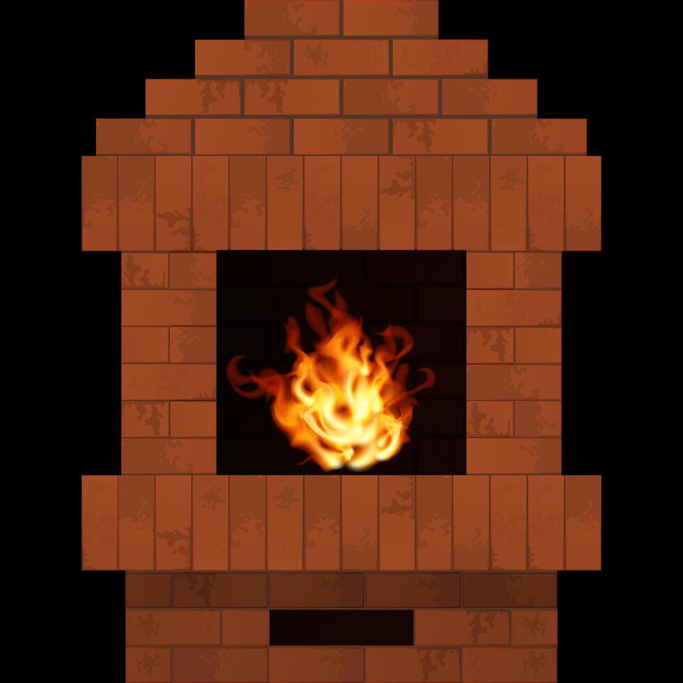 Fireplace with realistic fire. Home interior. Brick stonework vector