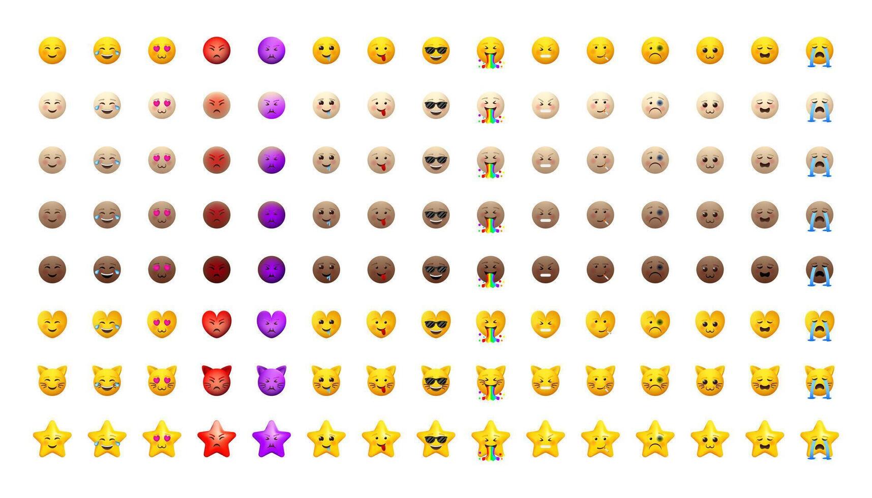 Emoji set. Emoticons pack for web and mobile applications. Facial signs for messengers and apps. Yellow and different skin colors icons. vector