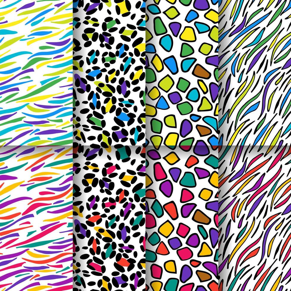 Multicolor tiger, zebra, giraffe and leopard print skin. Wildlife seamless pattern background set. Africa style wallpaper. vector