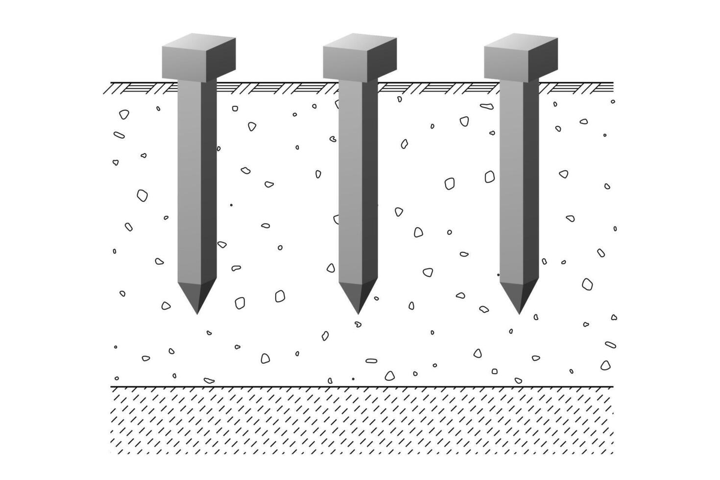Friction rectangular concrete piles. Construction bedrock. vector