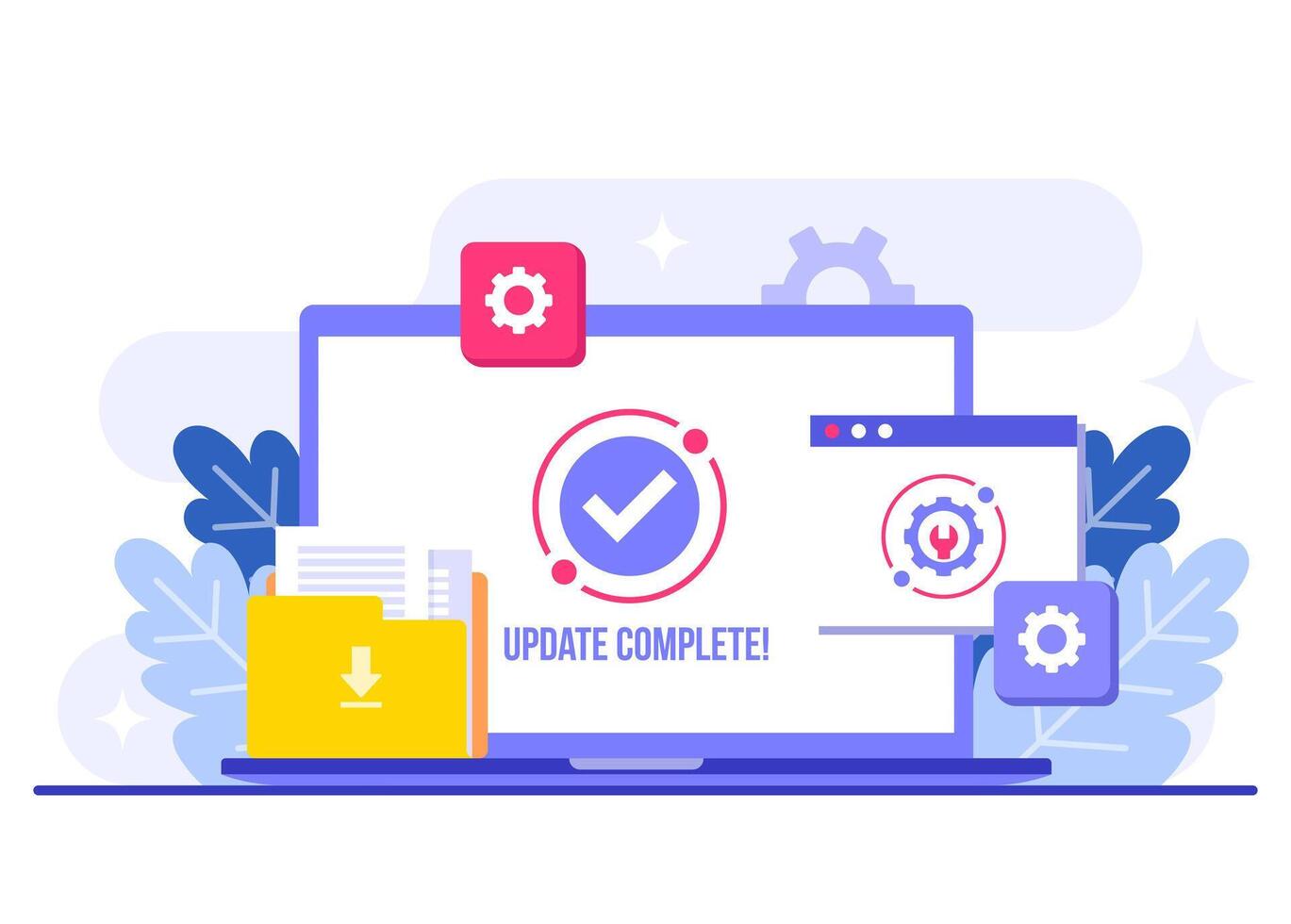 System maintenance flat illustration, Error, Fixing trouble, Device updating, Software system under maintenance, Software upgrade process on devices, People update operation system vector