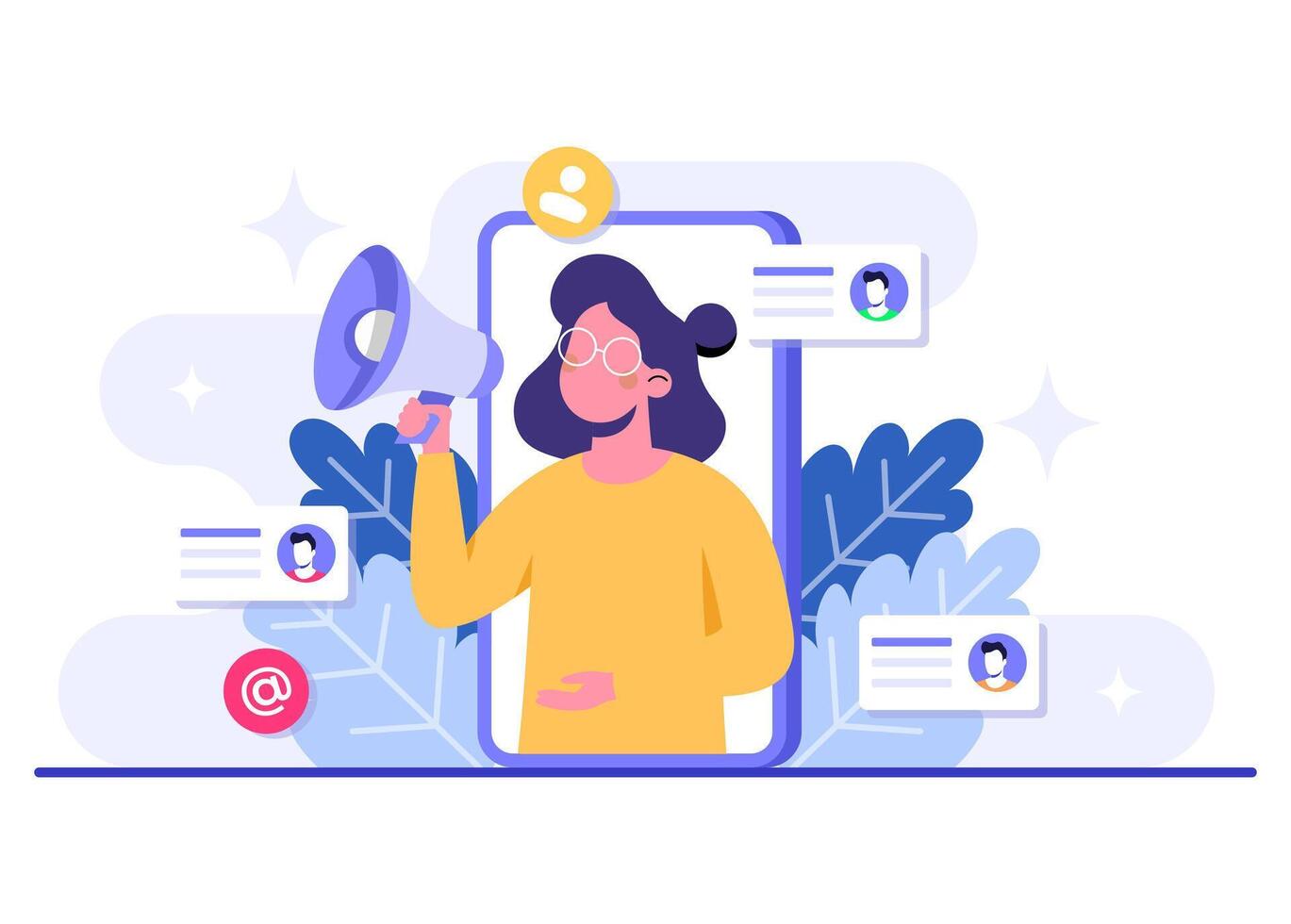 Female character making announcement on phone screen, Email marketing flat illustration, Online business strategy, Advertising, Email newsletter, messaging vector