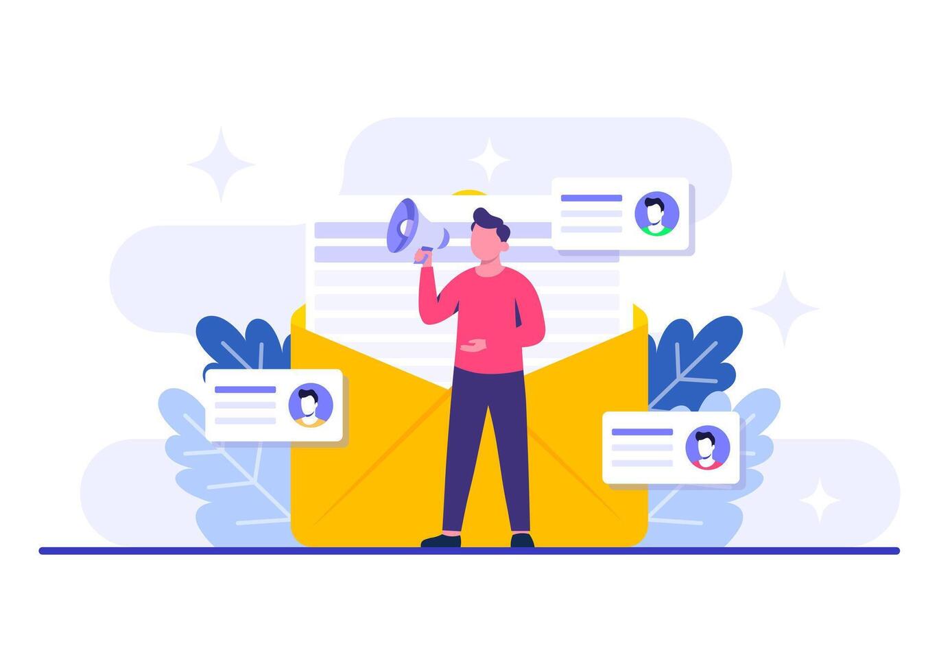 Character making announcement with megaphone, Email marketing flat illustration, Online business strategy, Advertising, Email newsletter vector