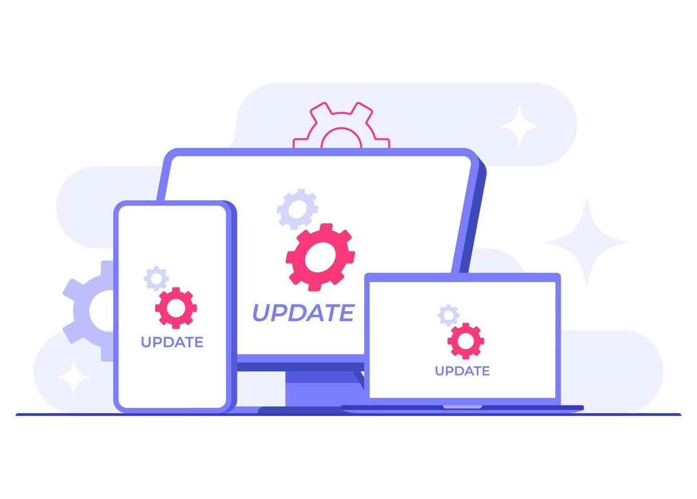 Devices with software update screens flat illustration, System maintenance, update process, install software, operating system vector