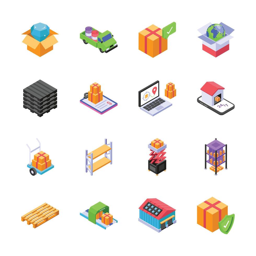 This set of isometric icons visually represents various aspects of delivery and logistics vector