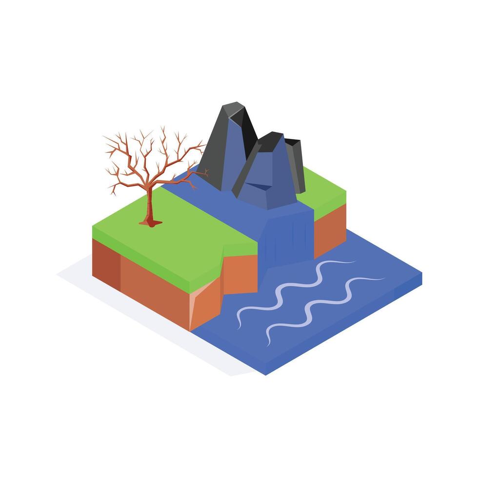 An isometric icon of mountain landscape with greenery and rocks vector