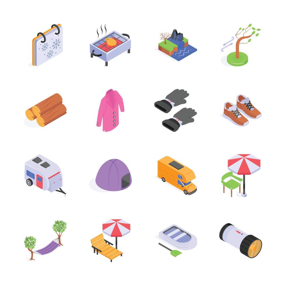 A vibrant collection of isometric icons depicting various elements of outdoor recreation vector