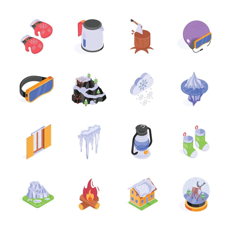 This set of isometric icons captures the essence of winter vector