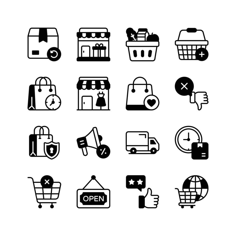 Collection of icons representing various aspects of online shopping, including delivery, stores, shopping bags, baskets, customer feedback, and security vector