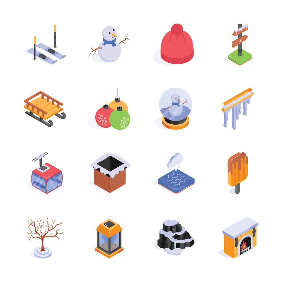 A collection of sixteen isometric winter-themed icons, perfect for adding a festive touch to your designs vector