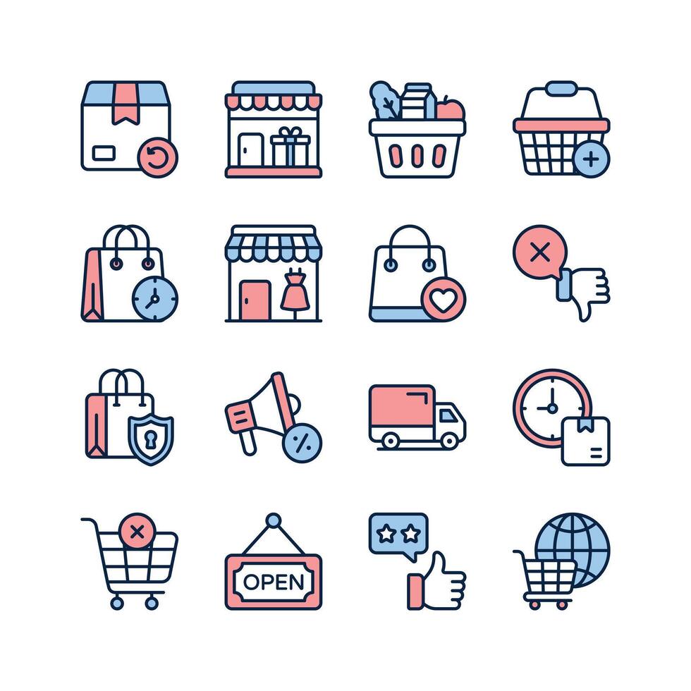 Collection of icons representing various aspects of online shopping, including delivery, stores, shopping bags, baskets, customer feedback, and security vector