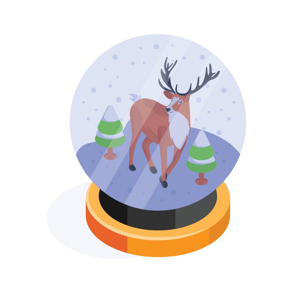 A decorative snow globe with a reindeer in a snowy forest vector