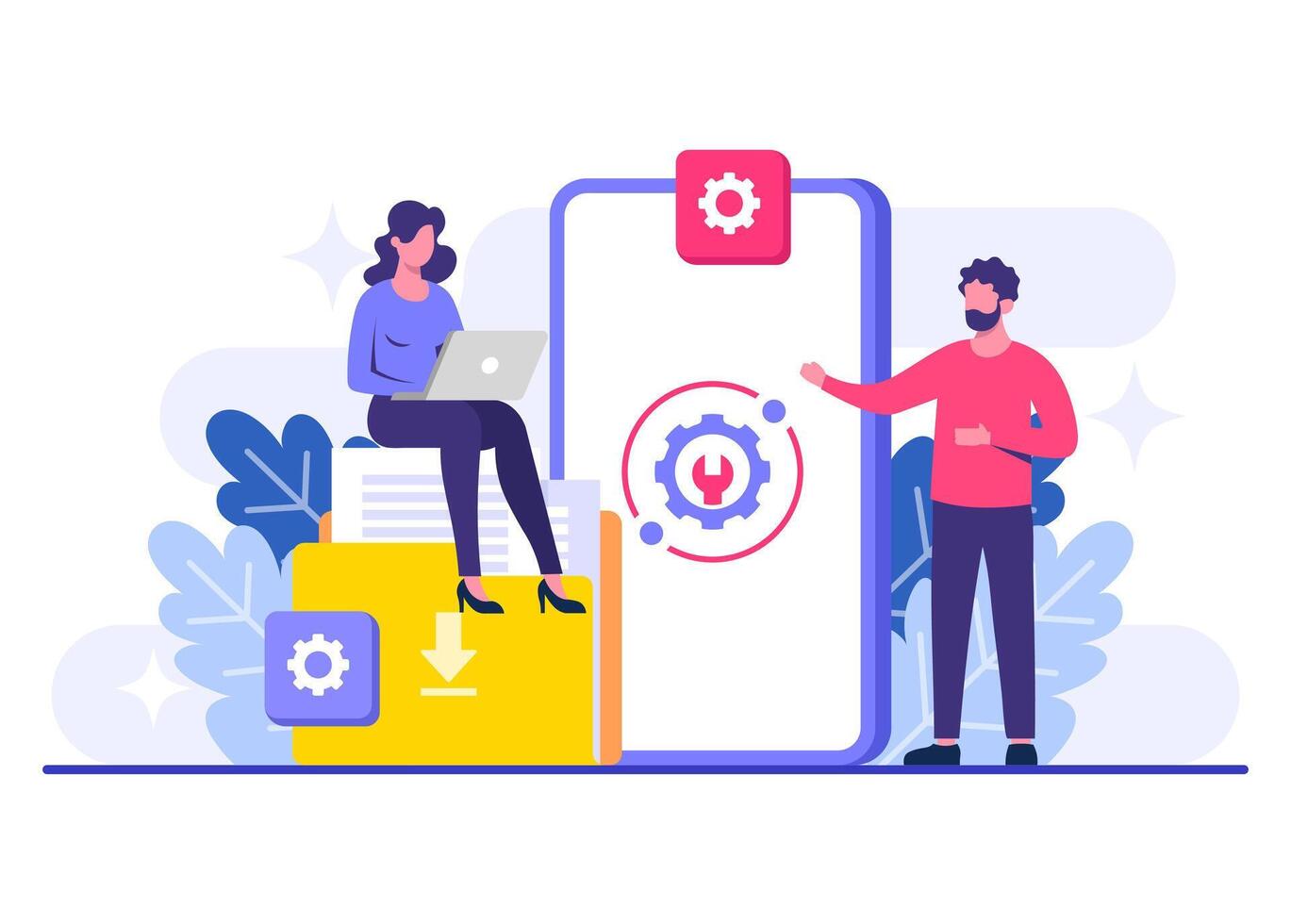 System maintenance flat illustration, Error, Fixing trouble, Device updating, Software system under maintenance, Software upgrade process on devices, People update operation system vector