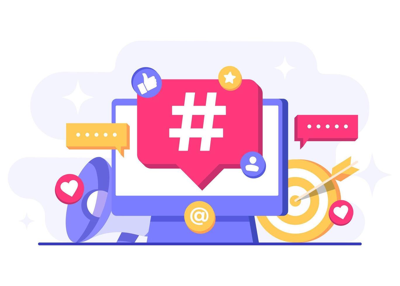 Social media marketing concept flat illustration for web banner, mobile app, poster, business content strategy, Hashtag marketing, Digital AD campaign, online promotion, E-commerce vector