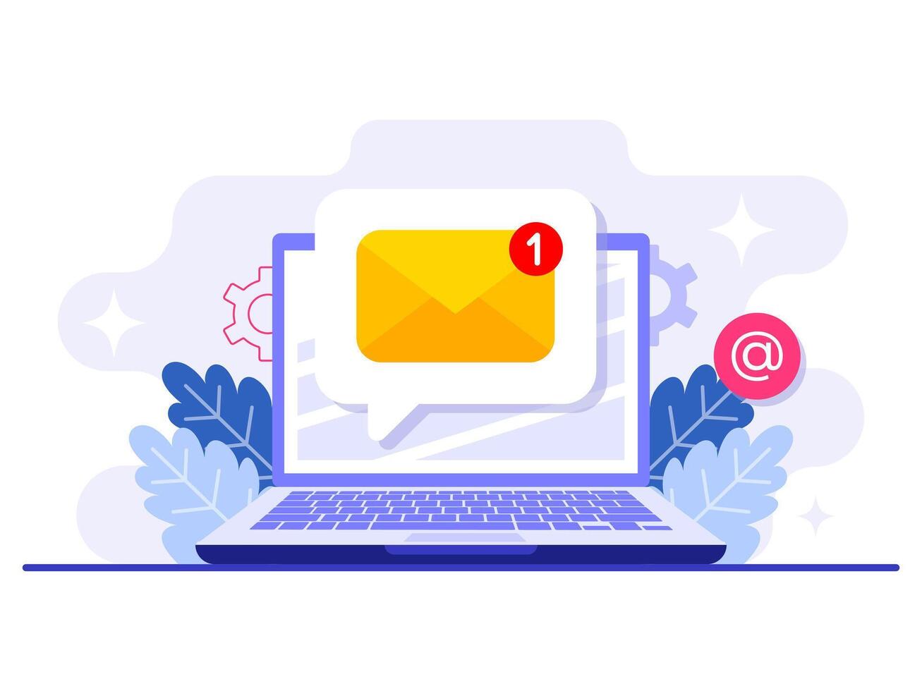 A new email message notification on laptop screen, Email marketing flat illustration, Online business strategy, Advertising, Email newsletter, messaging, Marketing material concept vector