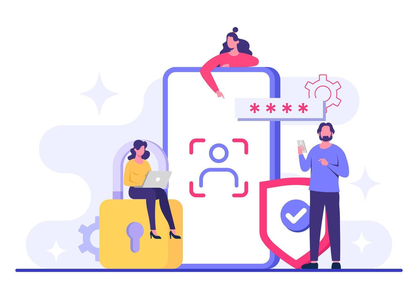 Facial recognition technology flat illustration, Identification and authentication system using faces, biometrics and security, Face identity, Biometric identification, Unlock device vector
