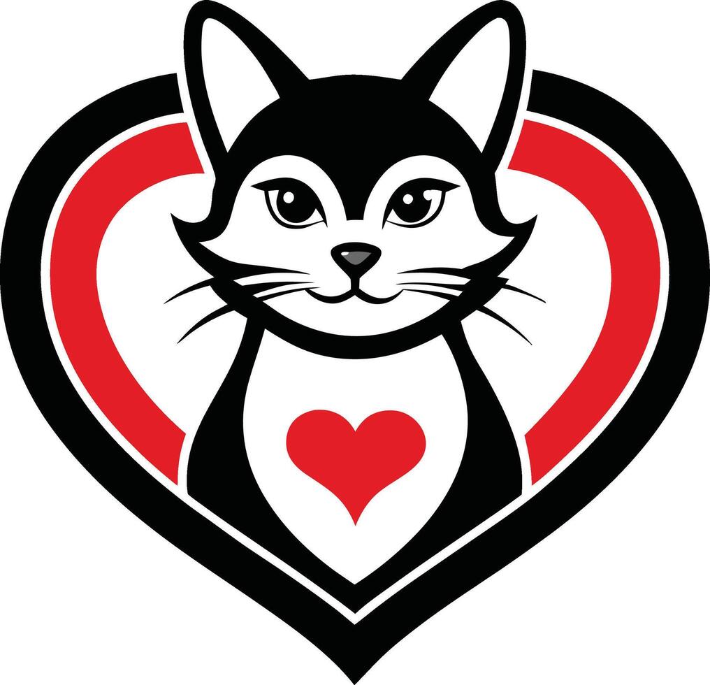 A black and white cat with a red heart in the middle vector