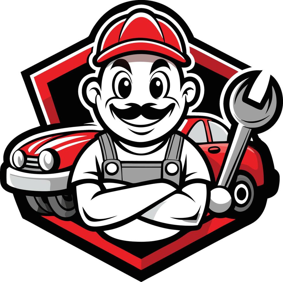 A cartoon mechanic with a wrench and mustache logo mascot vector