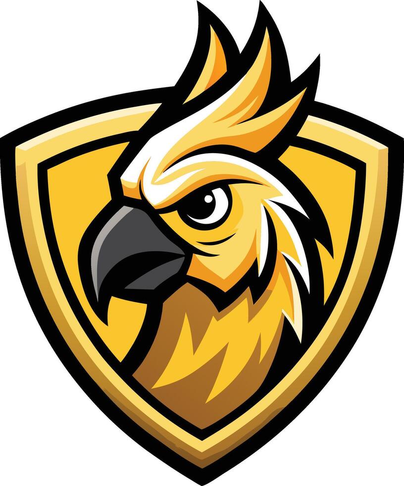 A yellow and black bird head on a shield vector