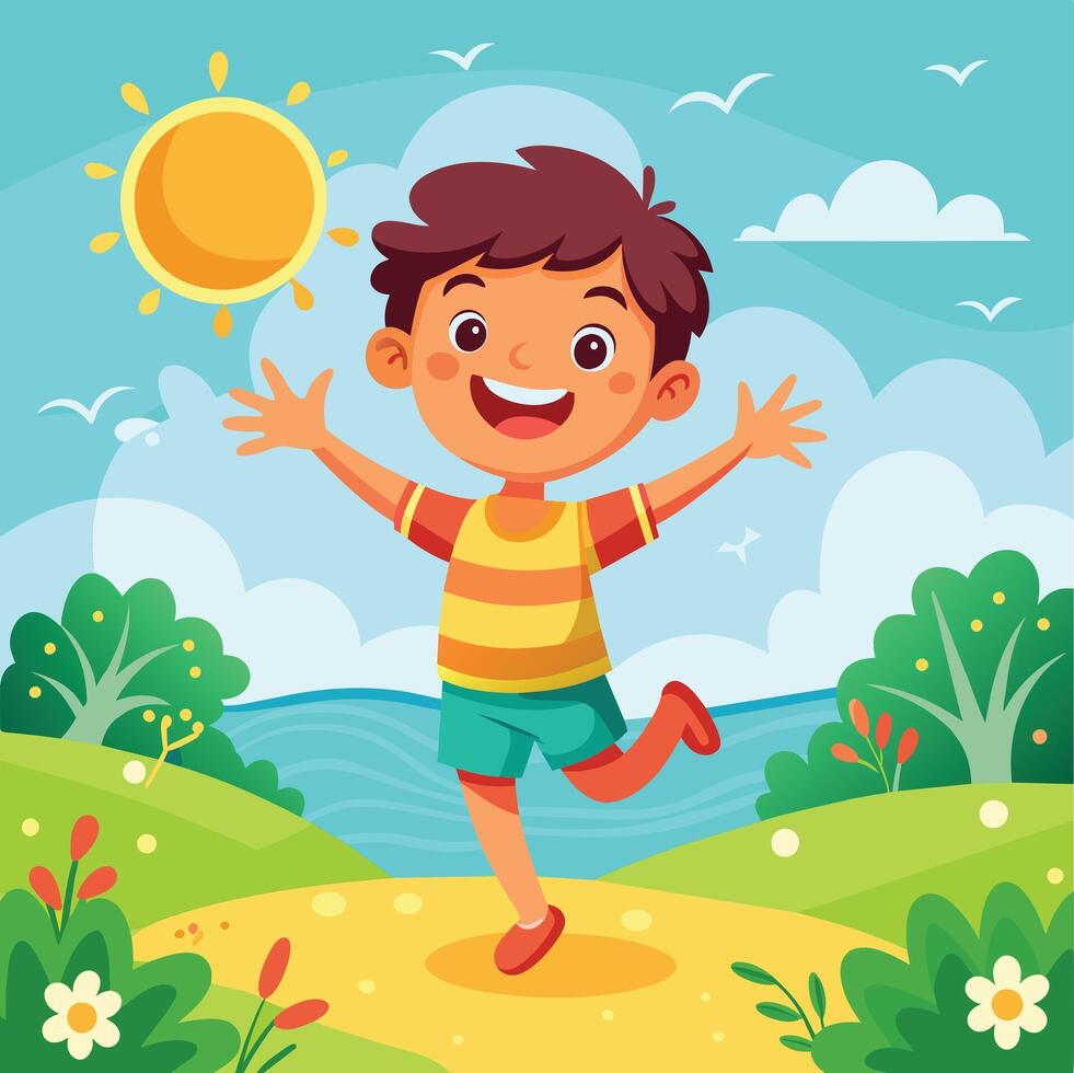 Happy boy running in the park illustration vector