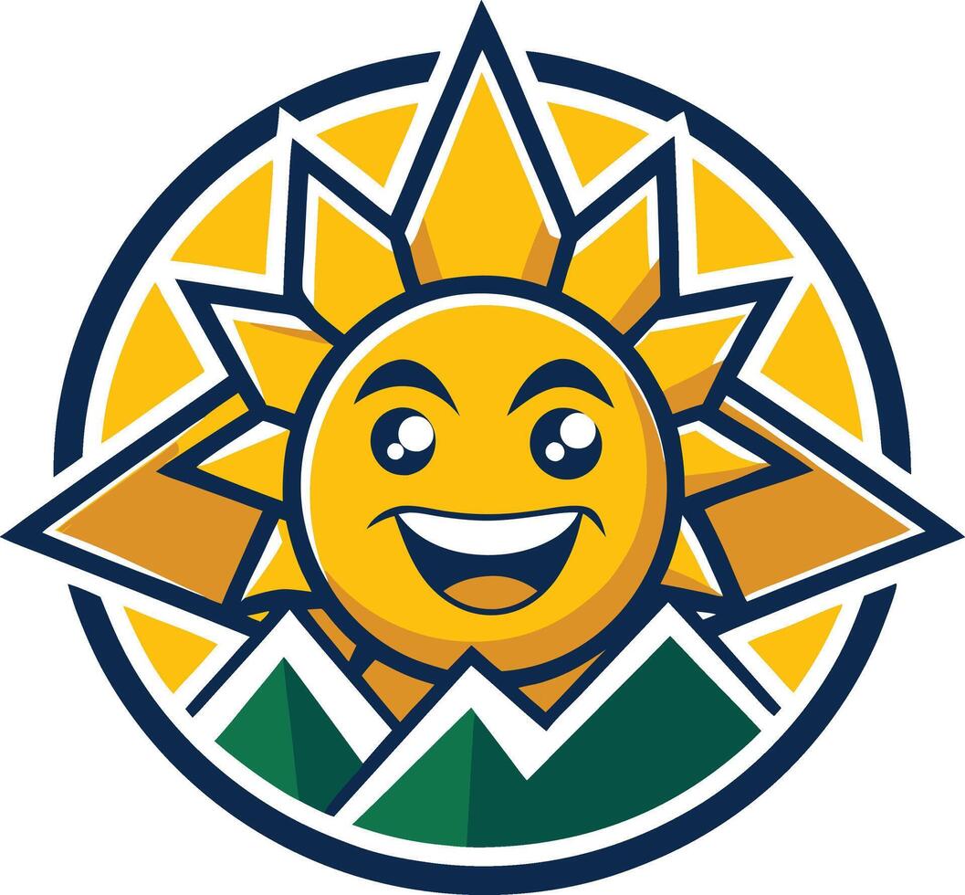 The sun is smiling in a circle with mountains in the background vector