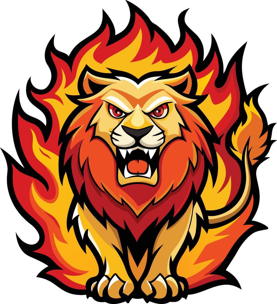 A cartoon lion mascot with flames on his back vector
