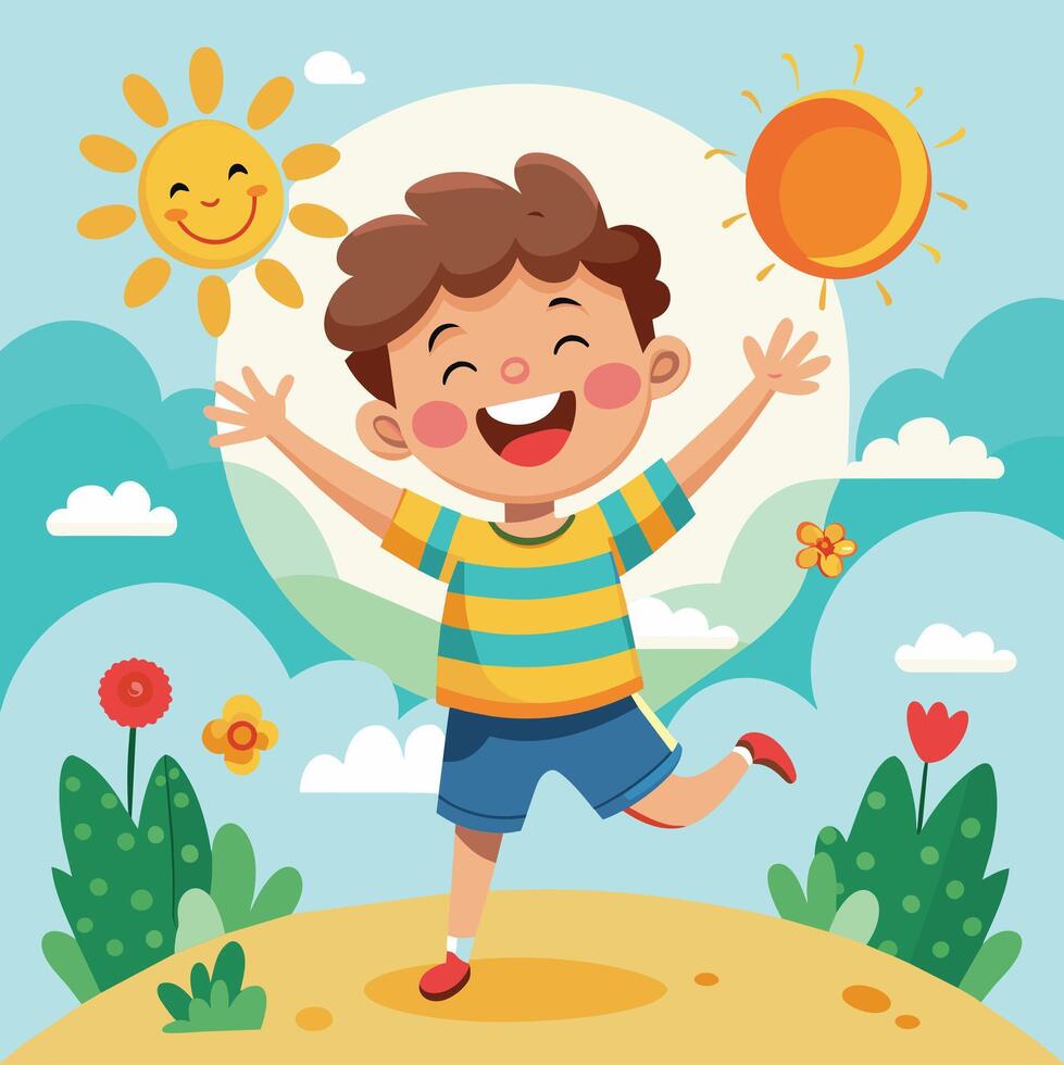 Happy boy jumping in the air with sun and clouds vector