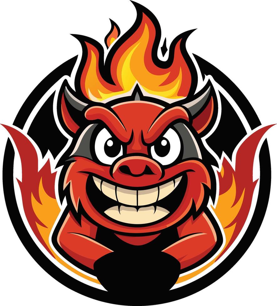 A cartoon devil mascot with flames on his face vector