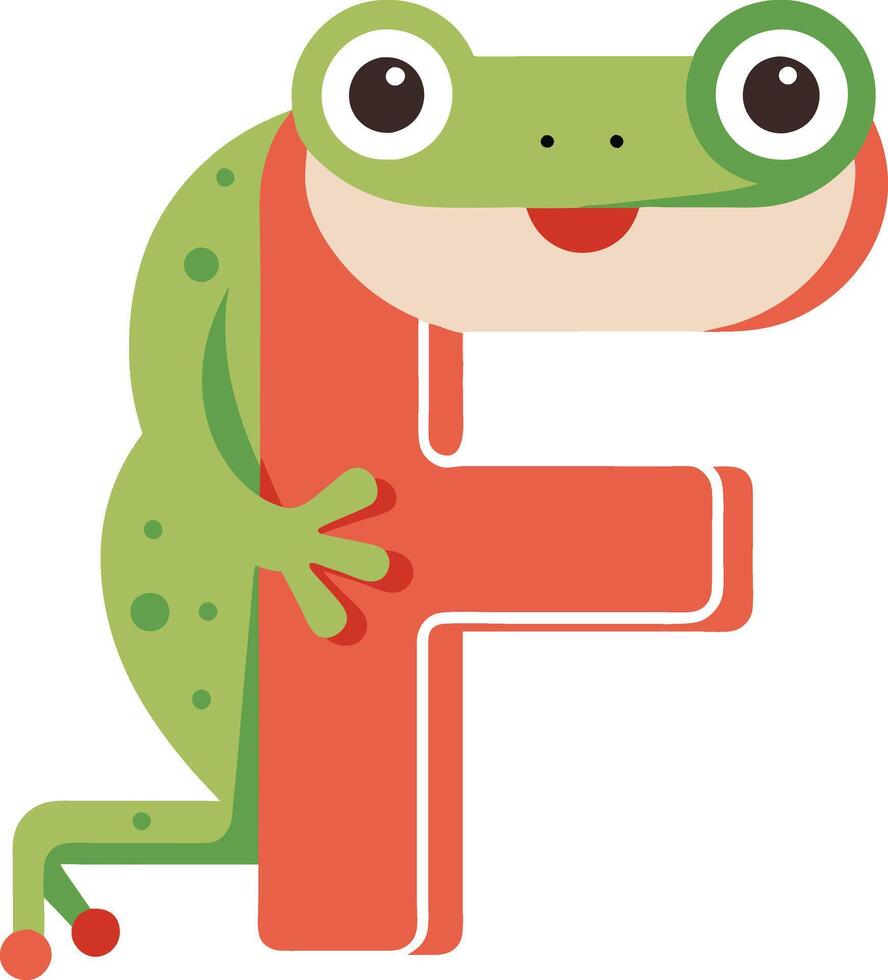 Frog letter f with green eyes and a smile vector