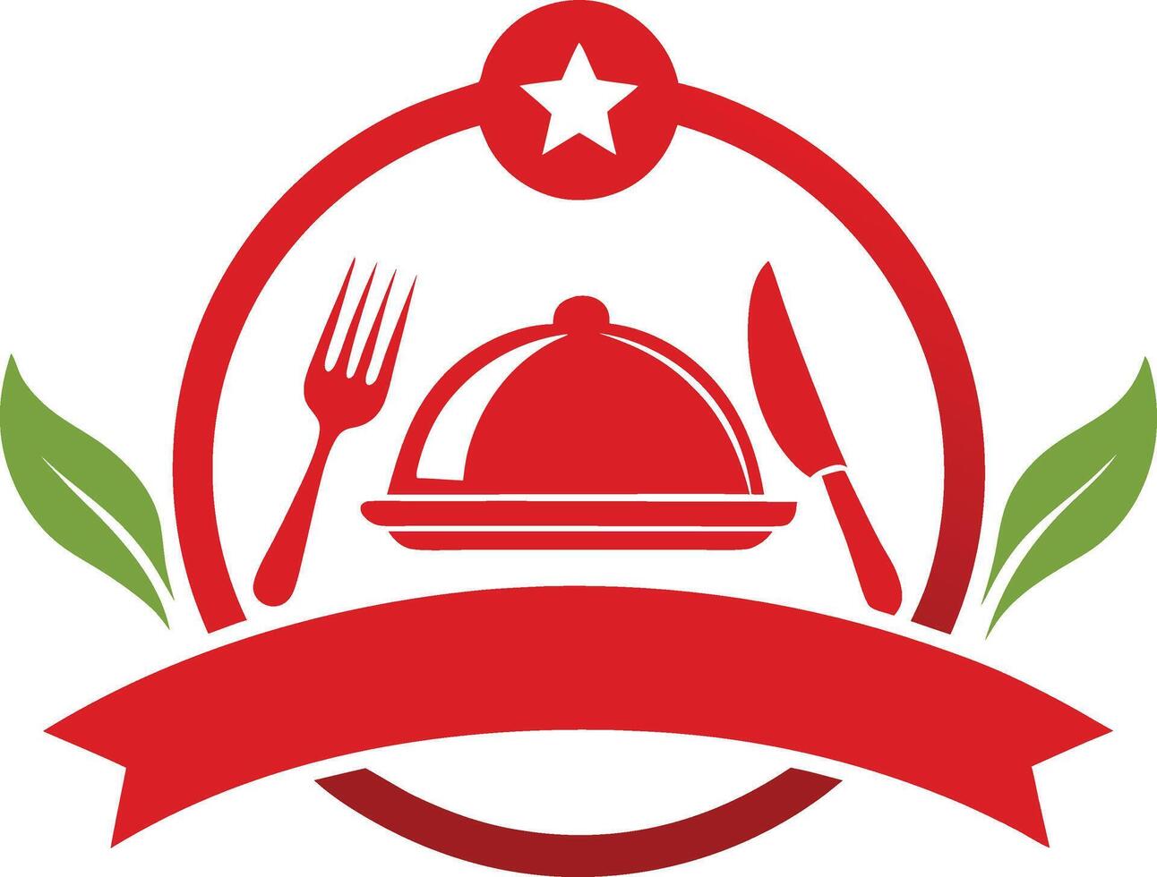 A red and white logo with a cloche and fork vector