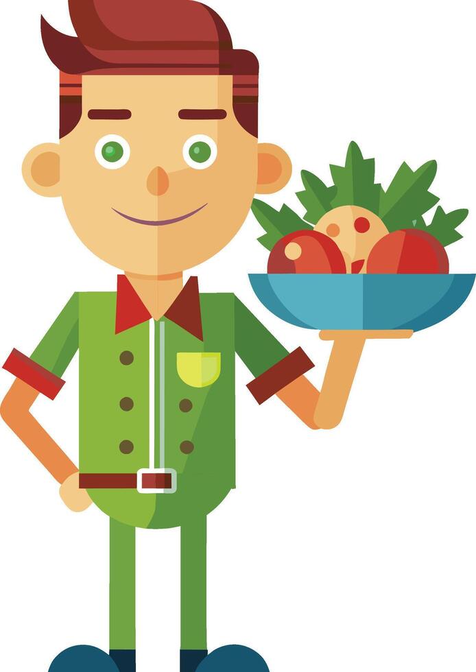 A cartoon boy holding a plate with vegetables vector