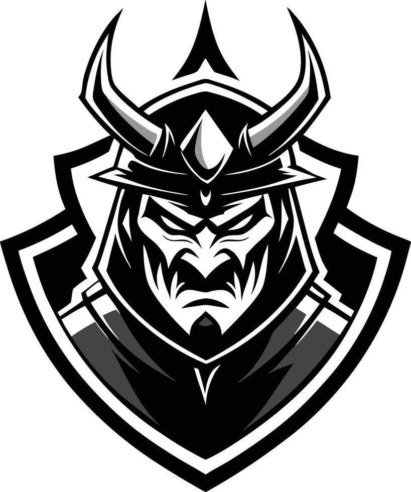 A samurai head with horns on a shield vector