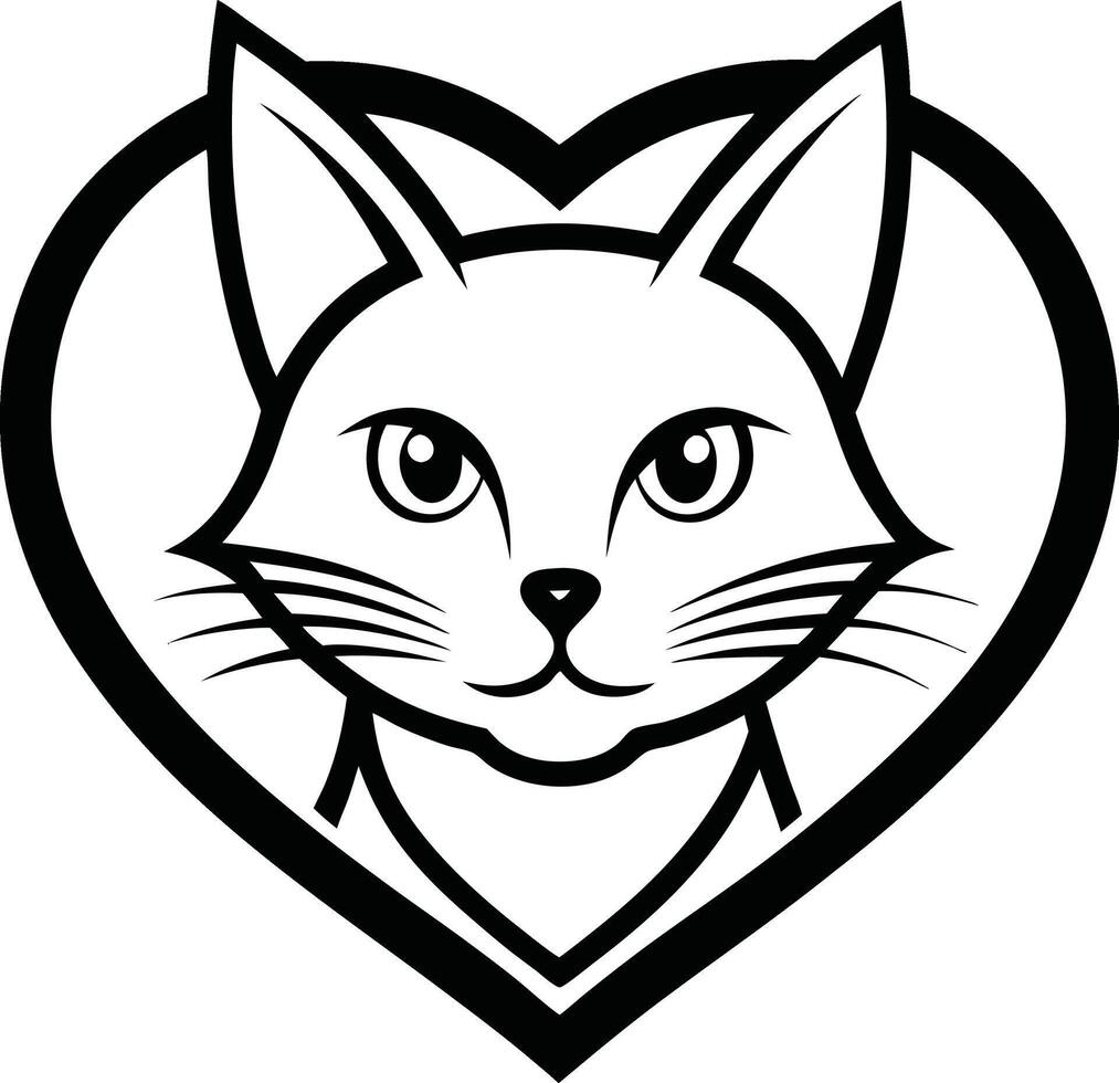 A black and white cat head in the shape of a heart vector