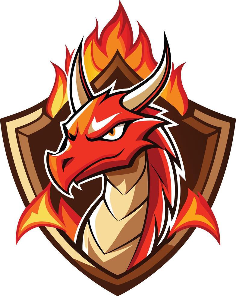 A red dragon mascot with flames on its shield vector