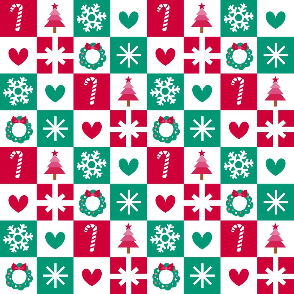 Christmas candy, tree, snowflake, wreath in xmas theme wrapping paper In seamless pattern vector