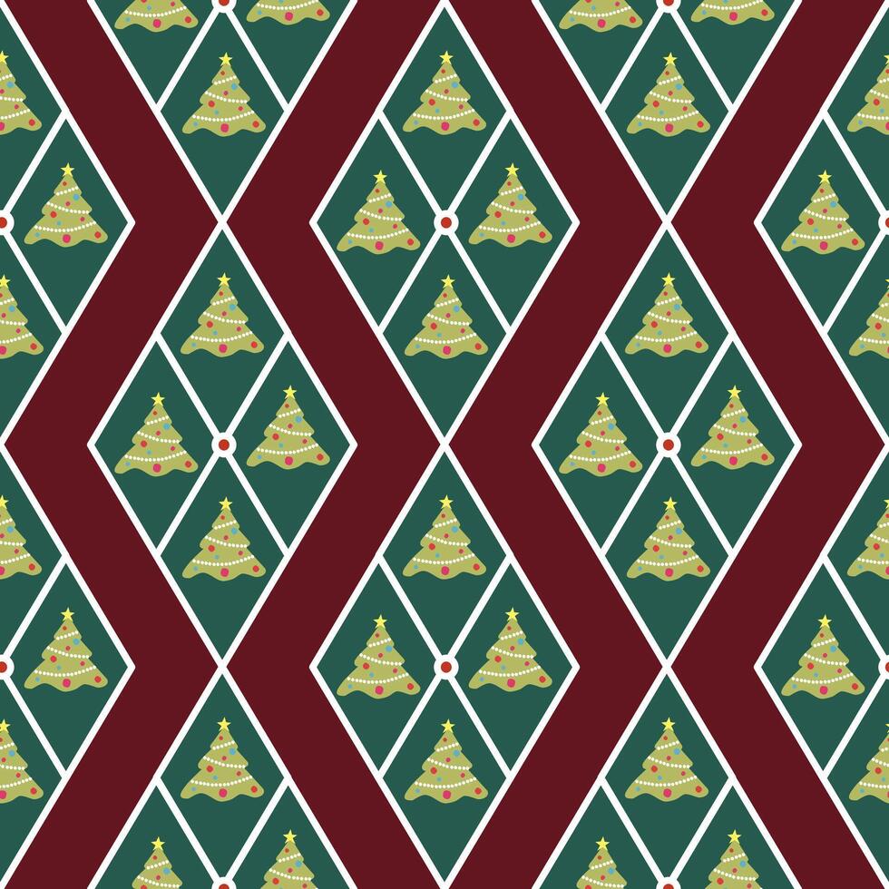 Christmas tree in Triangle Argyle seamless pattern on burgundy wallpaper vector