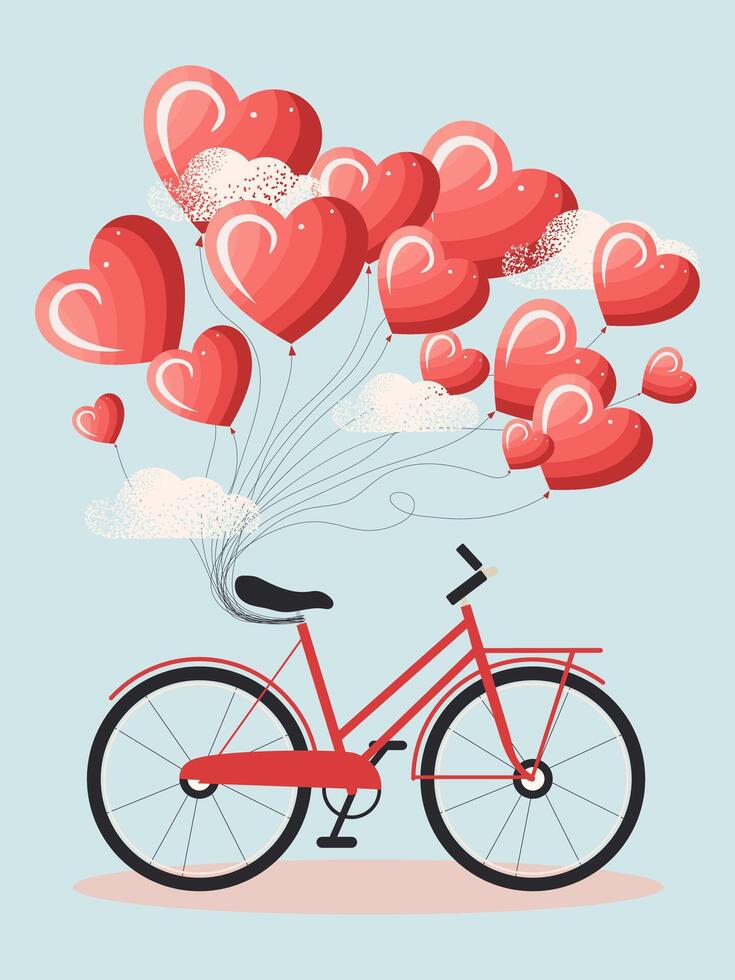 A bicycle surrounded by red and pink heart-shaped balloons for the romantic holiday vector