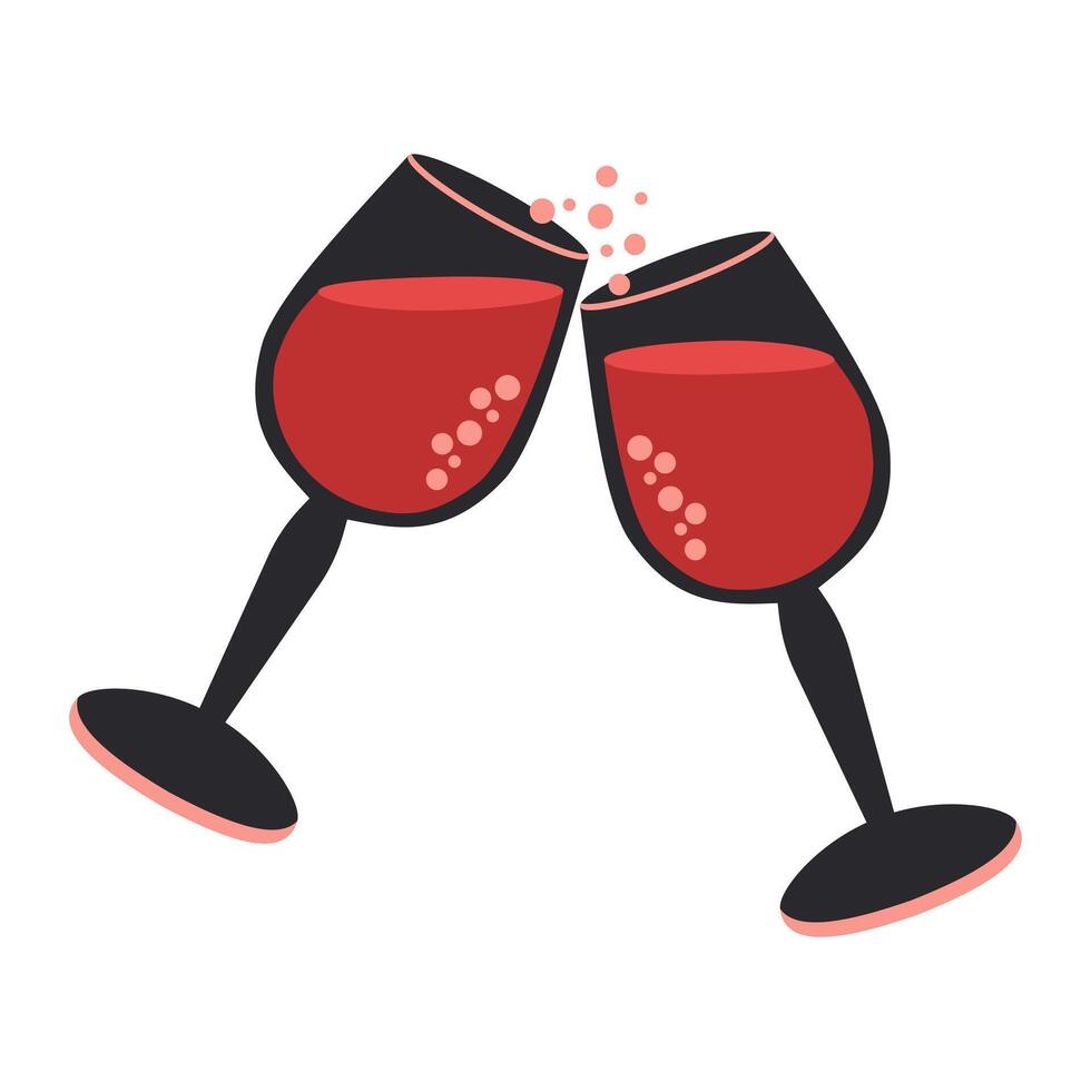 A pair of crystal glasses with a sparkling drink clink festively, splashing bubbles of champagne on a white background. vector