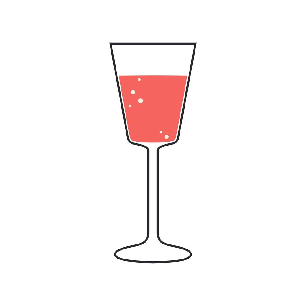 A glass of pink sparkling wine is drawn with a black outline isolated on a white background. vector