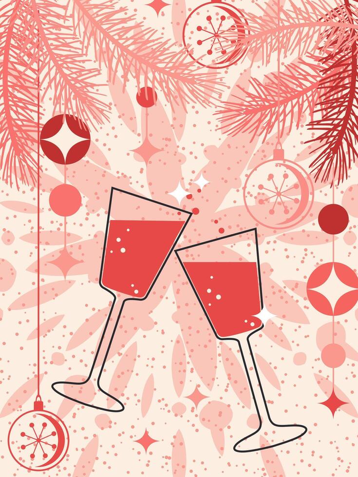 A couple of glasses of sparkling wine on a pink background. Celebrating New Year, Christmas or other holiday. vector