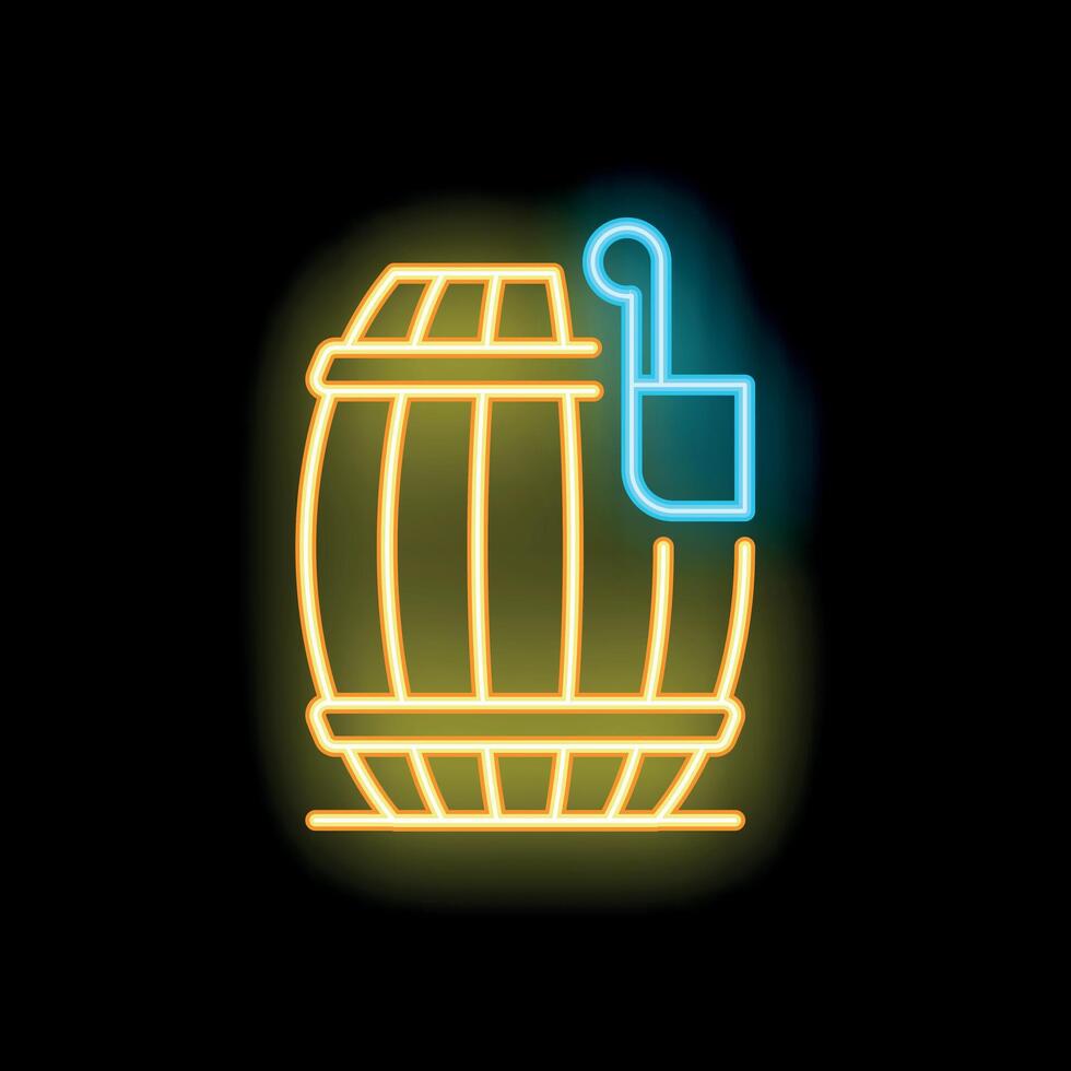 Neon sign of wooden barrel for wine or beer with tap and handle on black background vector