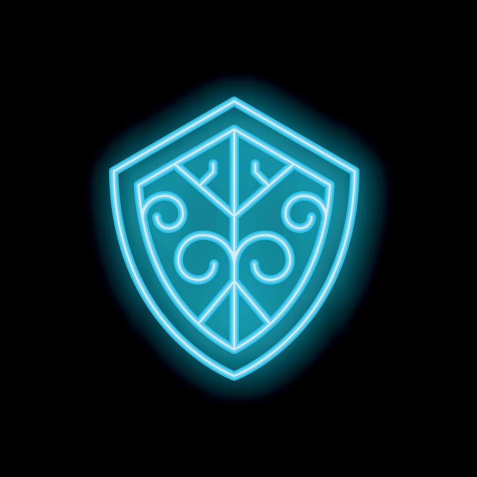 Blue neon shield glowing on black background symbolizing protection vector