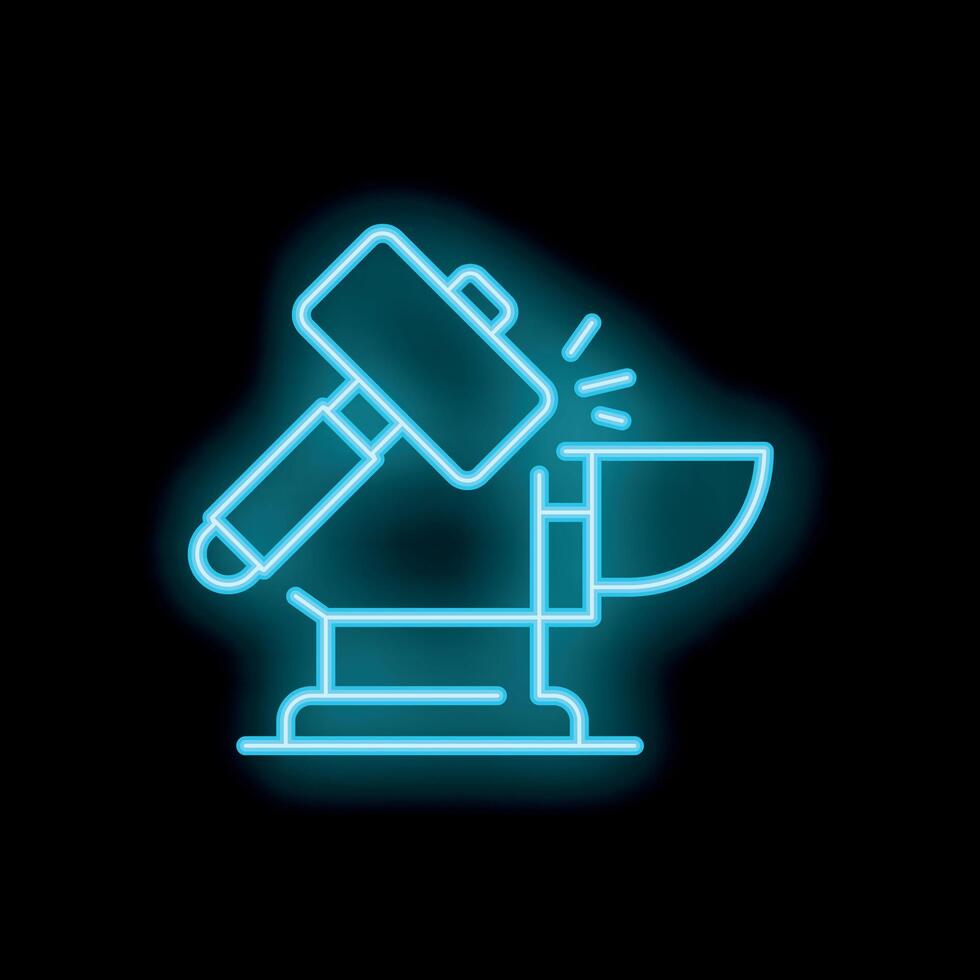 Neon sign of hammer striking anvil on black background vector