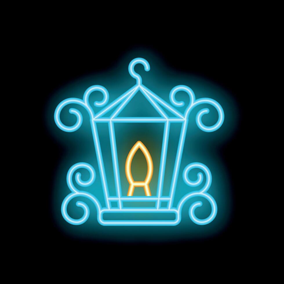 Neon style icon of a vintage lantern glowing on black background vector